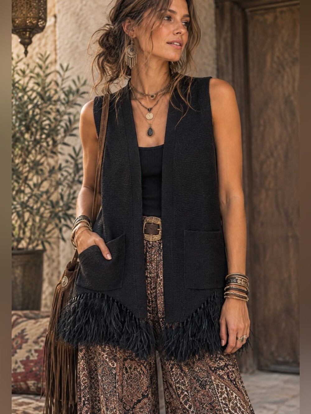 Kobi Halperin Women's Blue Wool Knit Ostrich Fringe Sweater Vest Long Small Wool
